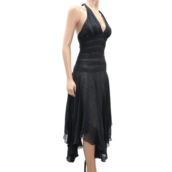 Y2K BCBGMaxazria Midi Dress Whimsigoth Silk Lace Gown Black Halter Neck 8 - Picture 5 of 7